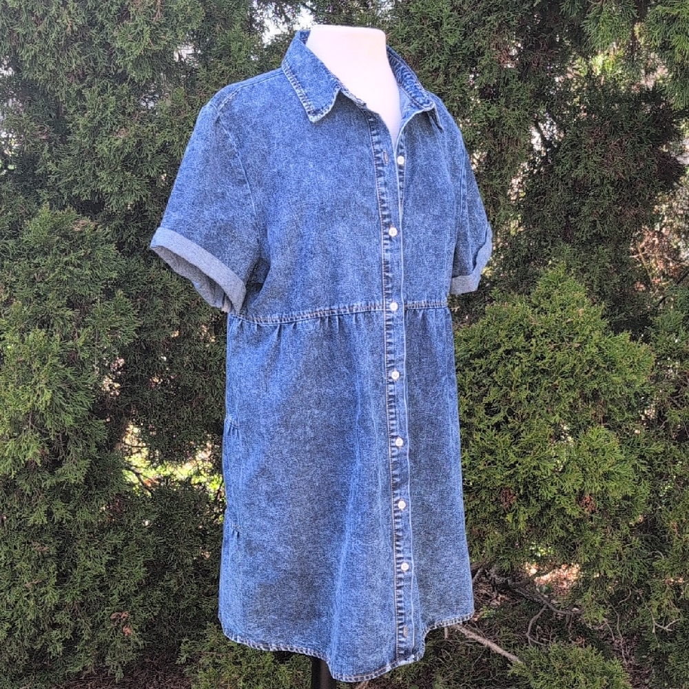 Button-Front Acid Wash Denim Shirt Dress - Blue Fits L/XL